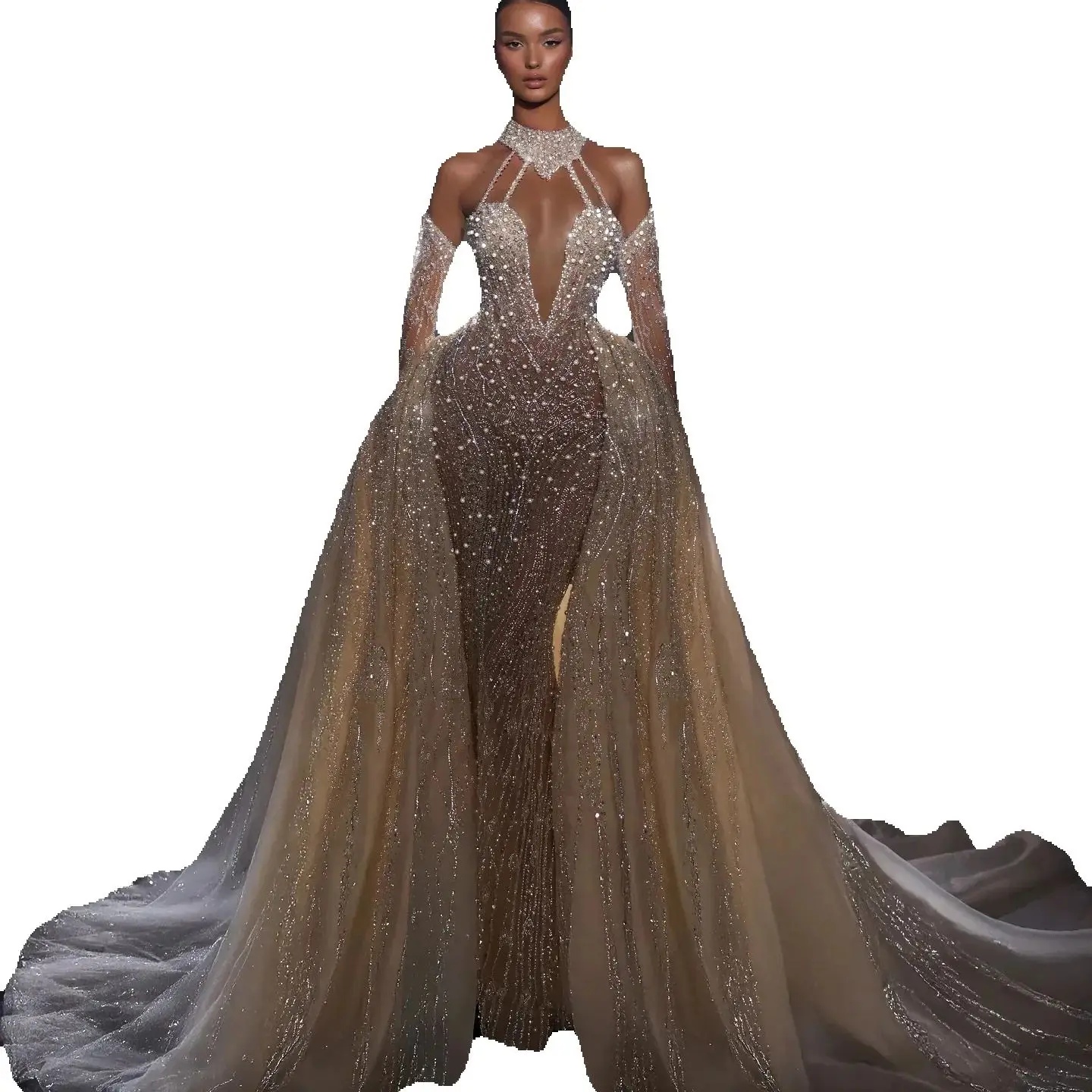 Glitter High Neck Wedding Dress Sparkly Sequined Lace Pearls Mermaid Bridal Gown Detachable Train Bride Dresses Customized