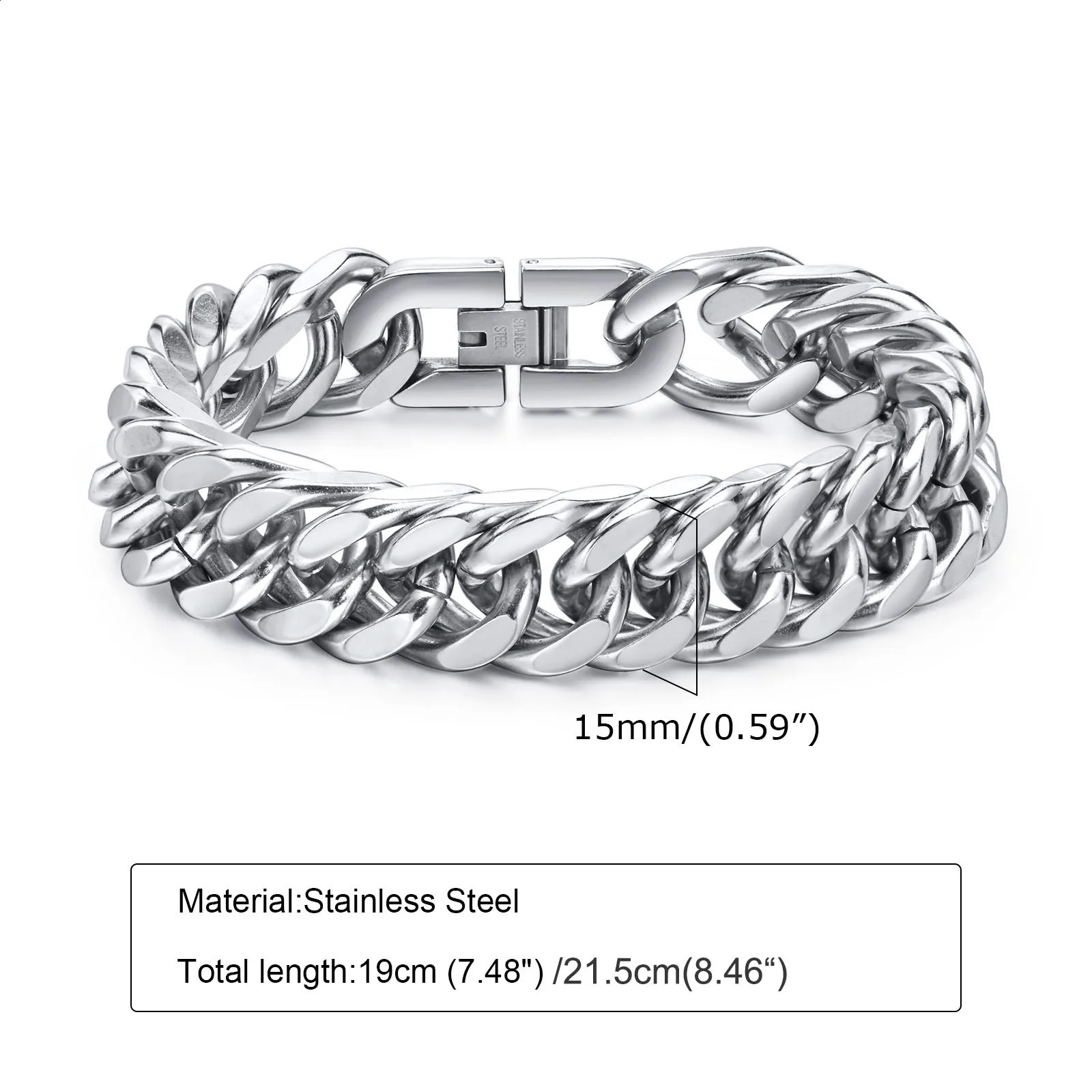Vnox 10/12/15MM Width Stainless Steel Cuban Chain Bracelets for Men Silver Color Fashion Hip Hop Male Boy Wristband Dad Gift 250530