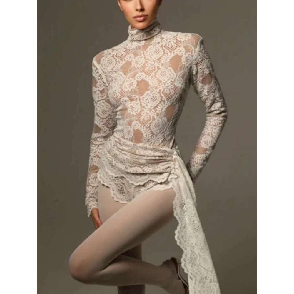 2024 New Autumn White Black Women Sexy Long Sleeve Lace Bodycon Draped Bodysuit Fashion Performance Costume Stage Wear