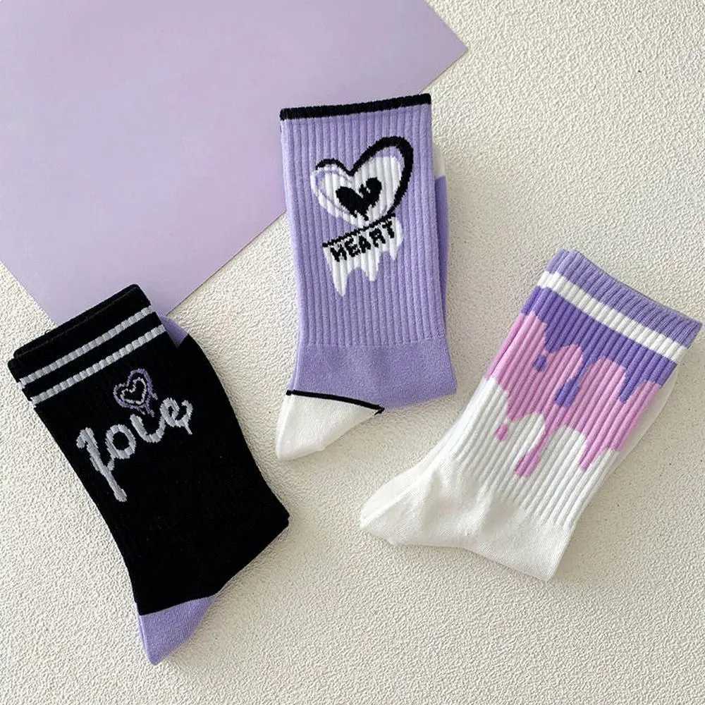 Women White Socks Cute Cotton Socks With Hearts Kawaii Preppy Korean Style Anime Purple Women Socks Set 5 PairT250602