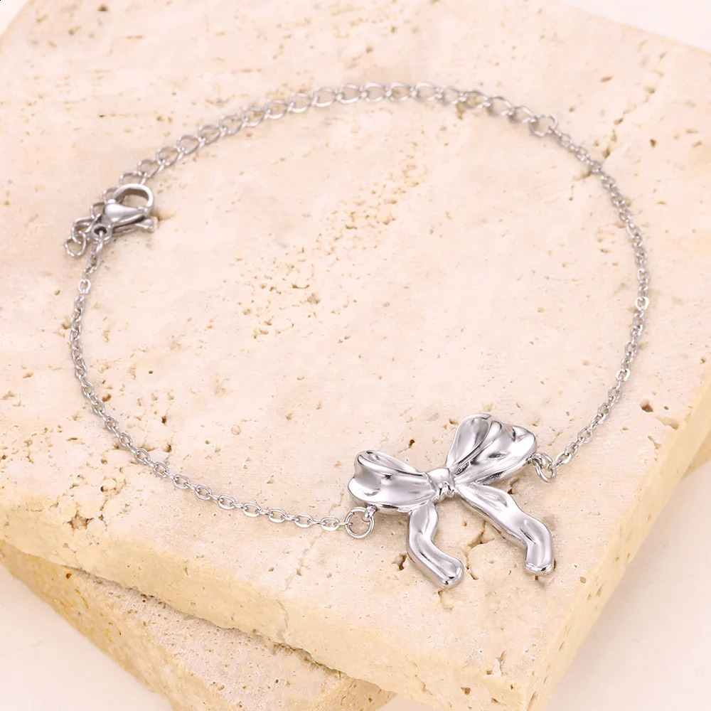 Gold color Stainless Steel Bracelets For Women Bowknot Bow Chain Bracelet Bangle Water Resistant Metal Statement Fashion Jewelry 250528