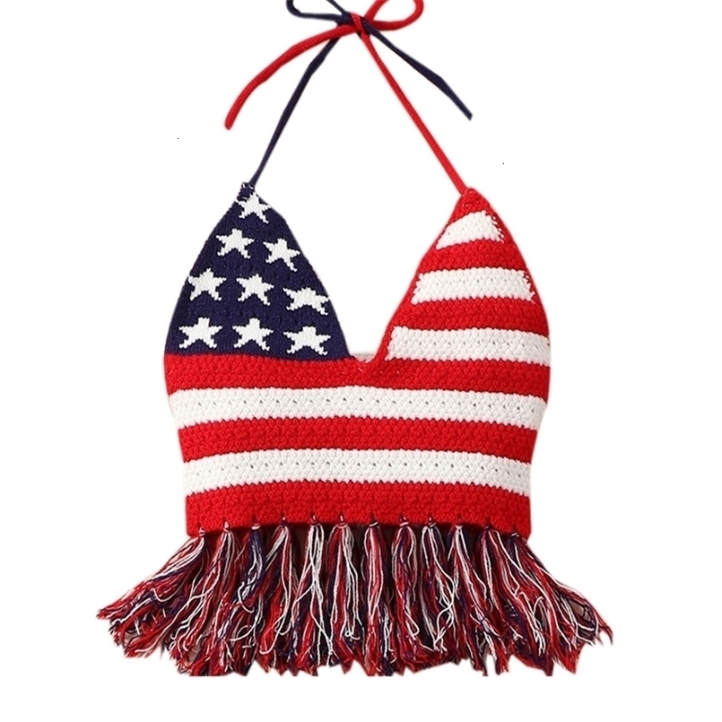 Women's Halter Crop Cami Tops Sleeveless Stars and Stripes Print Knit Camisole Fourth of July Shirts 250519CJ