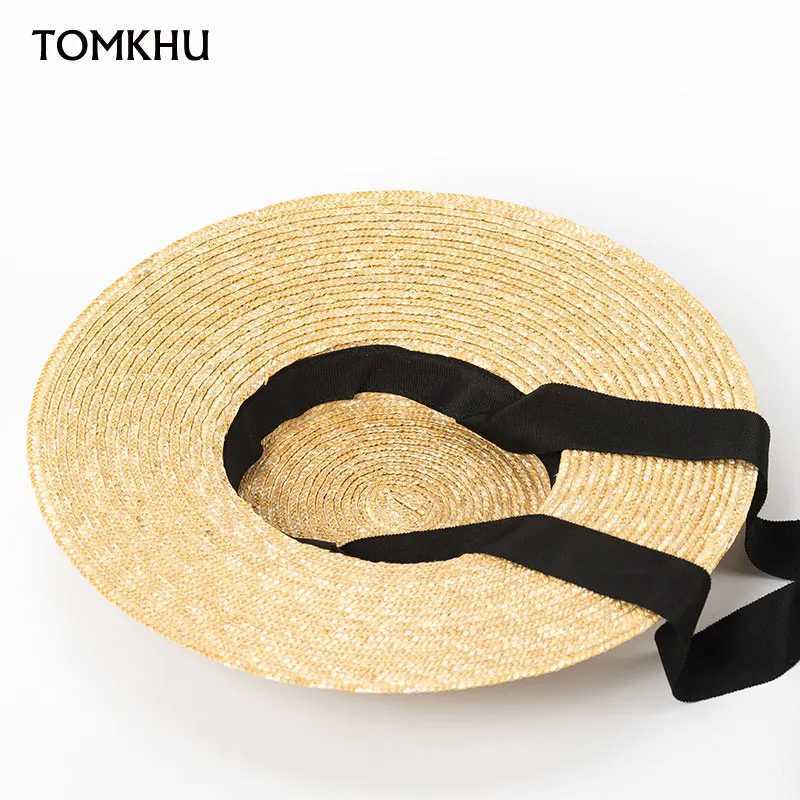 New Wide Brim Sun Hats 15cm Brim Boater Straw Hat Flat Women Summer Derby Chapeau Hat White Black Ribbon Tie Sunscreen Beach Cap W250602