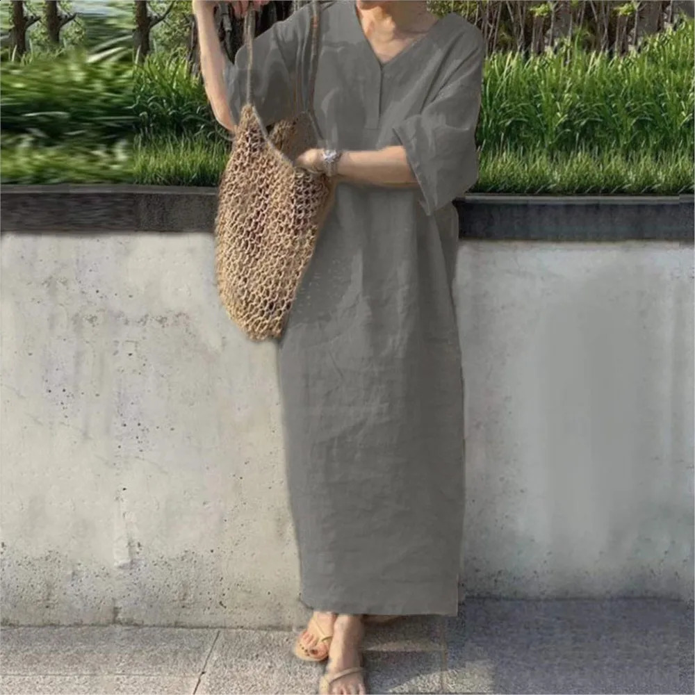 Cotton And Linen Dress For Women Summer Short Sleeve V-neck Solid Color Casual Loose Long Dress Elegant Womens Clothing 250529