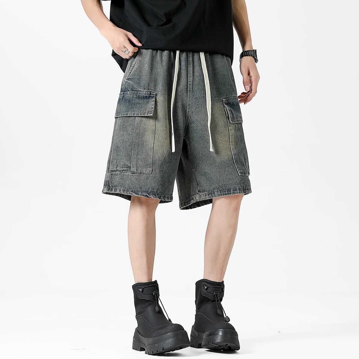 Mens Oversized Denim Shorts Korean Summer Elastic Waist Fashion Baggy Knee-length Cargo Shorts Streetwear Casual Short Jeans T250603