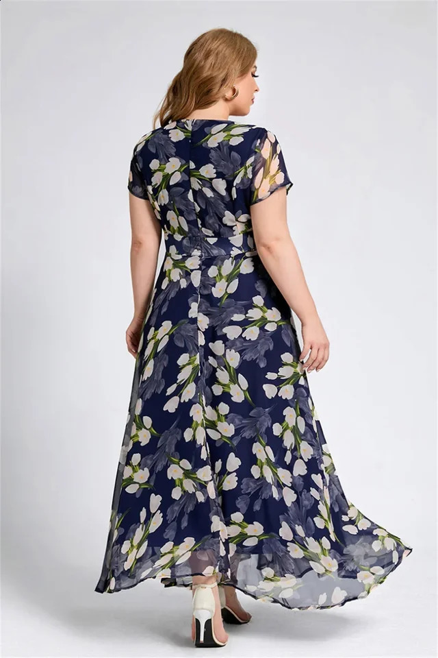 Plus Size Women Floral Printing Dress Short Sleeve Round Neck Chiffon Aline Female Elegant Casual Soft Fashion Summer Dresses 250526