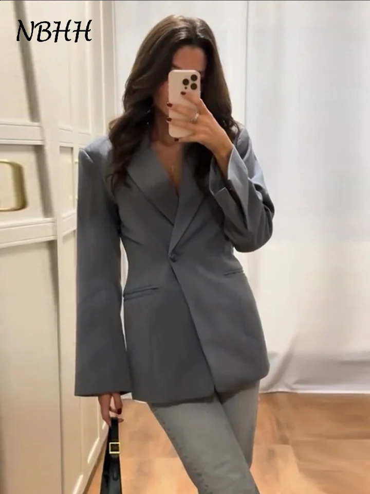 Elegant Slim Solid Womens Blazers Lapel One Button Shoulder Pads Long Sleeve Jacket 2025 Spring Office Lady Commute Outwear 250530
