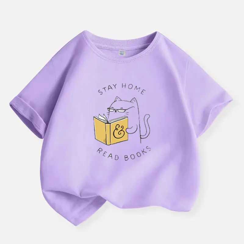 Cat Reading T-shirt for Girls Cotton Kids T Shirt Cartoons Children Casual Clothes Teen Baby Girl Summer Y2K Tops 6 8 10 12 Years T250603