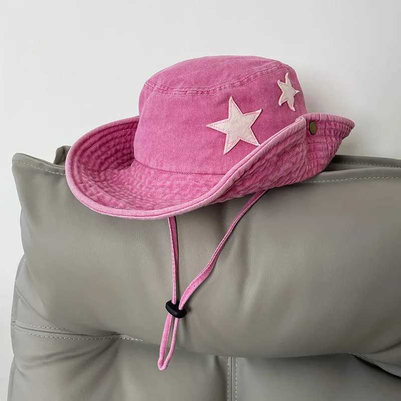 Cute Star Pink Bucket Hats for Women Summer Outdoor Camping Sunscreen Western Cowboy Hat Korean Versatile Hiking Caps for Men W250602