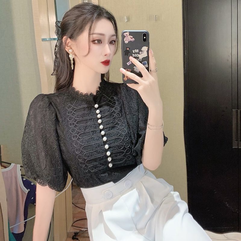 2025 Women's New Spring and Summer T-shirt New French Elegant Fluffy Sleeves Lace Women's Designer Shirt Summer New Design Feel Bead Decorat