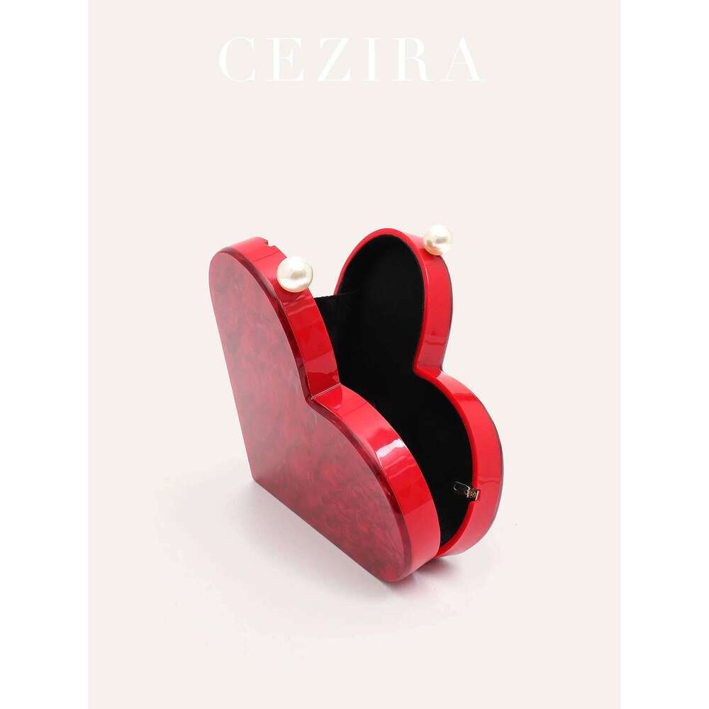 Red Heart CEZIRA Shaped Acrylic Clutch for Women Fashion Cute Pearls Decor Evening Bag Party Purse Valentine's Day Gift