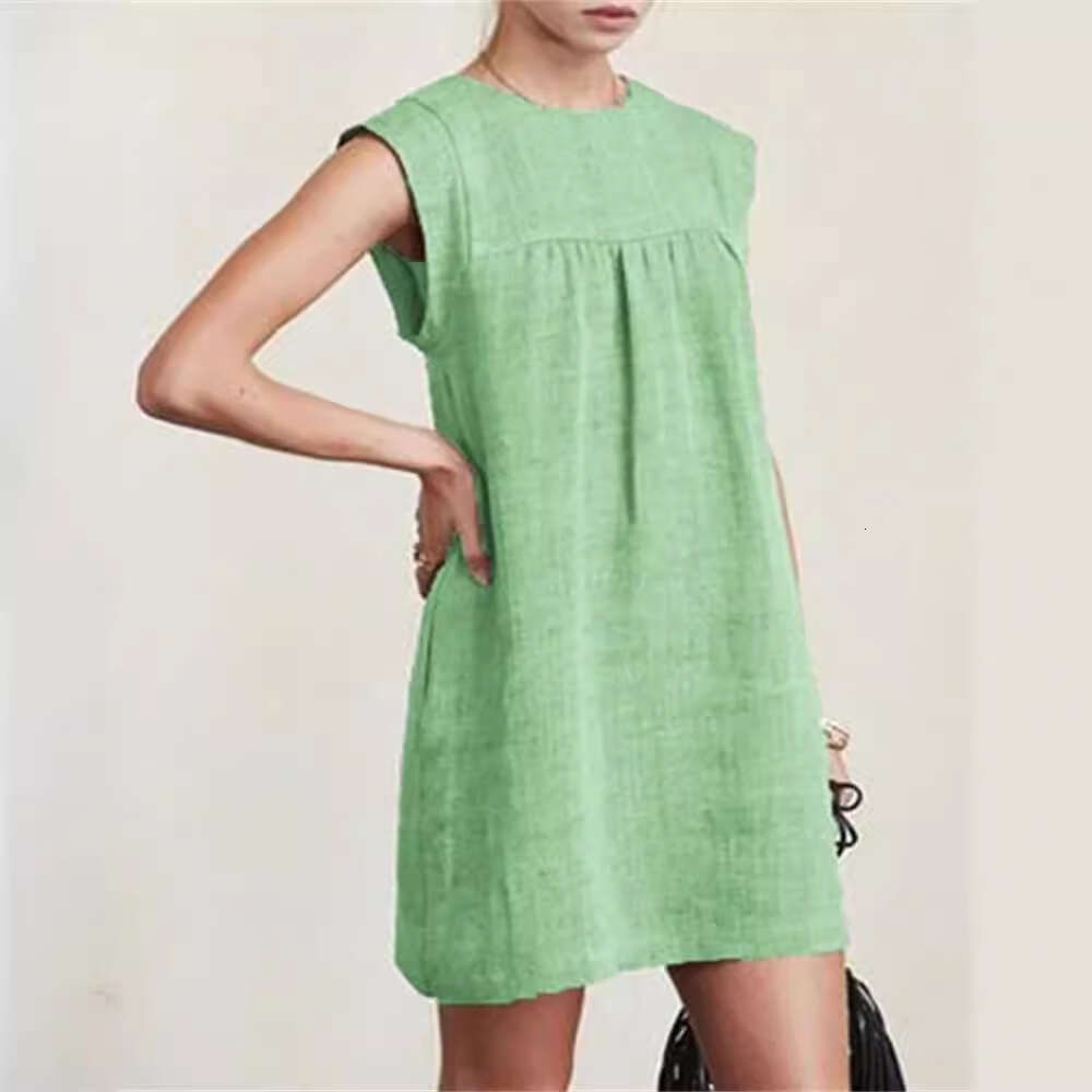 Fashion New Summer Loose Women's Casual Cotton Linen Solid Color Dress B5 b9