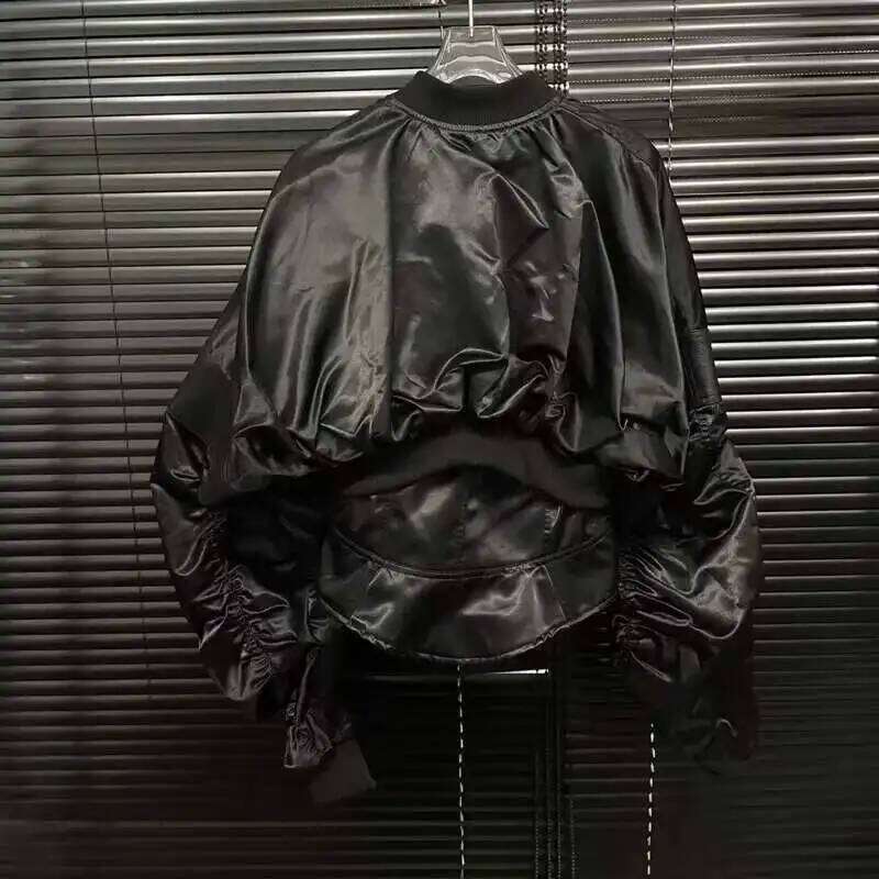 DEAT Fashion Women's Wrinkled Waist Slimming Zipper Leather Jacket Black O-neck Short Coat Trendy Female 11A02983