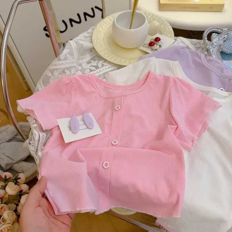 1-10Y Girls Short Sleeved T-shirt Summer New Round Neck Sweet Shirt Girl Outer Wear Childrens Knitted Modal Short Sleeved Tops T250603