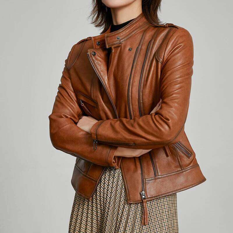 S-3XL Women's Real Leather Jackets Fashion Stand Collar Short Slim Diagonal Zipper Female First Layer Sheepskin Black Coat Tops