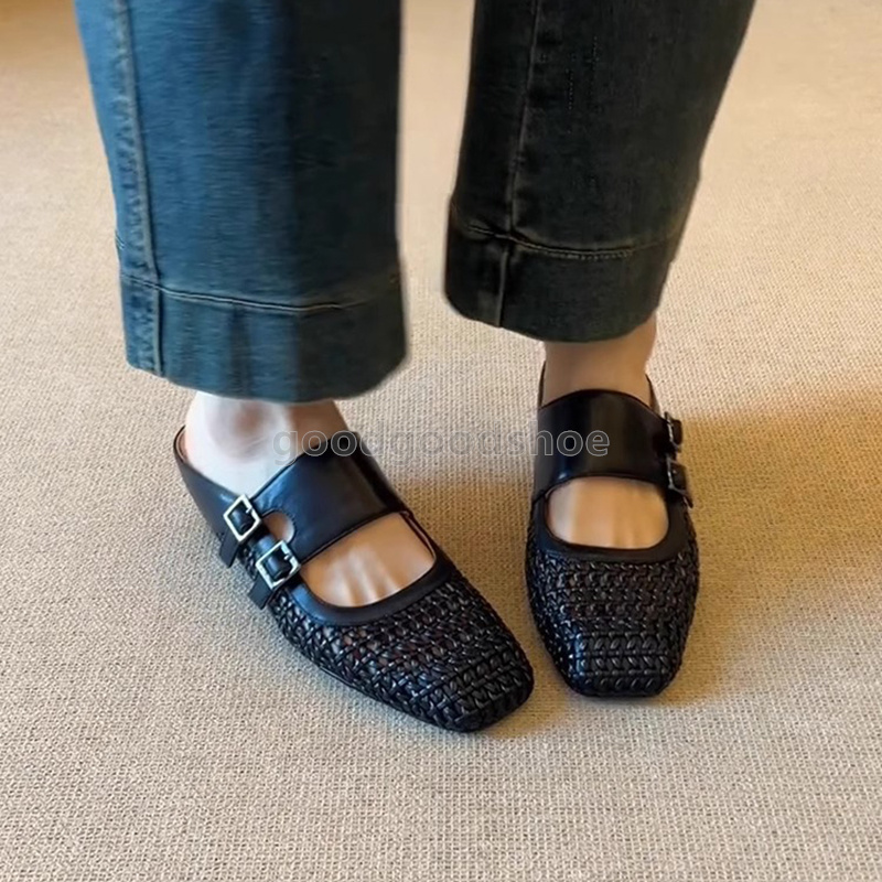 designer sandals retro heels half slippers women square head woven breathable hollowing sandal black white sandale elegant daily walk med heel women s