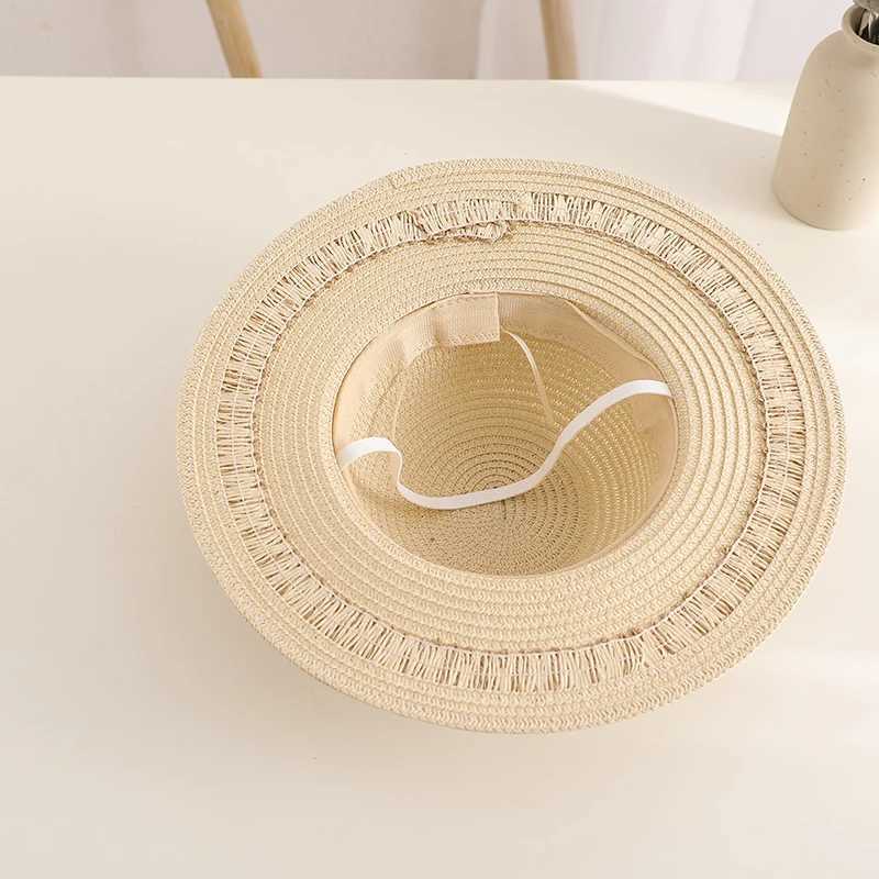 New Child Summer Sun Hat Bucket Cap Simple Beige Lace Bowknot Ribbon Flat Top Straw Hat Beach Outing Caps Panama W250602