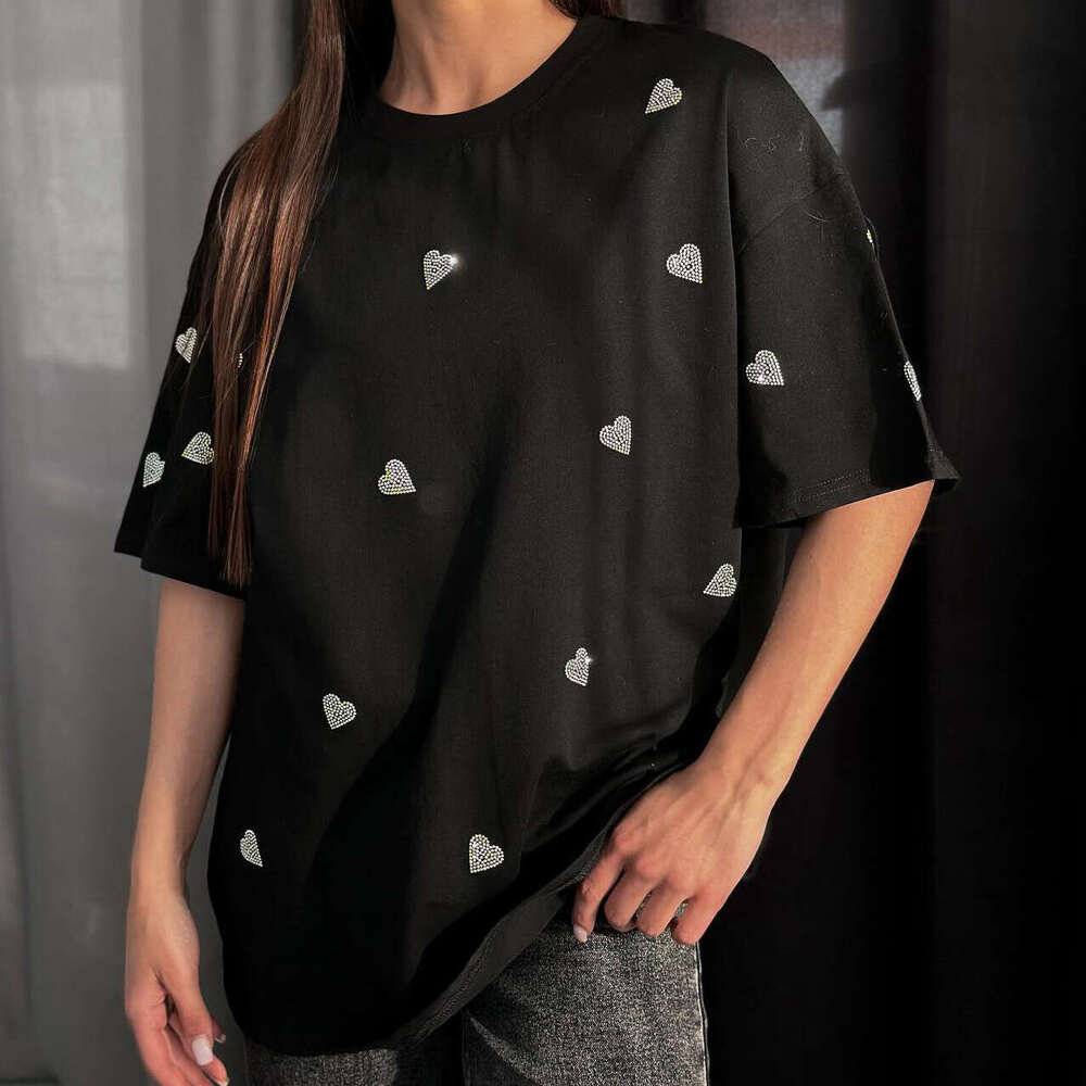 Simple Style Heart Rhinestone Round Neck Drop Shoulder Short Sleeve T-Shirt Spring Summer New Loose Top B5