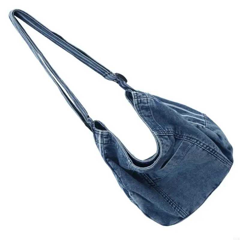 4XFF Vintage Washed Denim Shoulder Bag Large Capacity Jean Crossbody Bag W250602