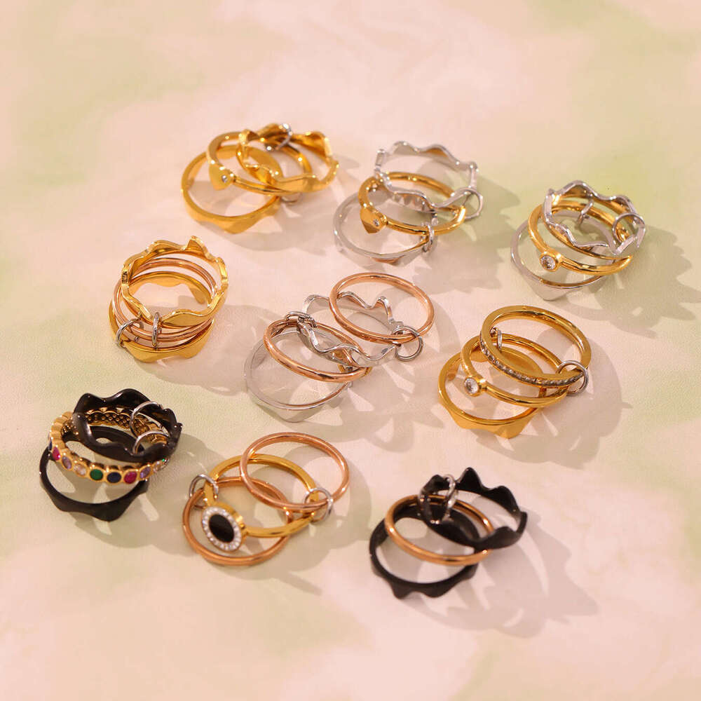 Mido New Stainless Steel Triangle Three Circle Stacked Full Diamond Geometric Multiple Shapes Fashionable Elegant Index Finger Ring