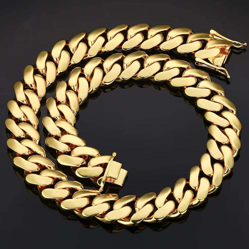 NUOYA 14K/18K Gold Plated Thick Solid Cuban Link Chain Hip Hop Jewelry Iced Diamond Clasp Flat Miami Cuban Link Necklace for Men