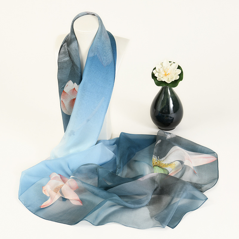 K915 Chiffon scarf 100% printed 175*65 machine curled thin scarf Hangzhou silk self-produced wholesale