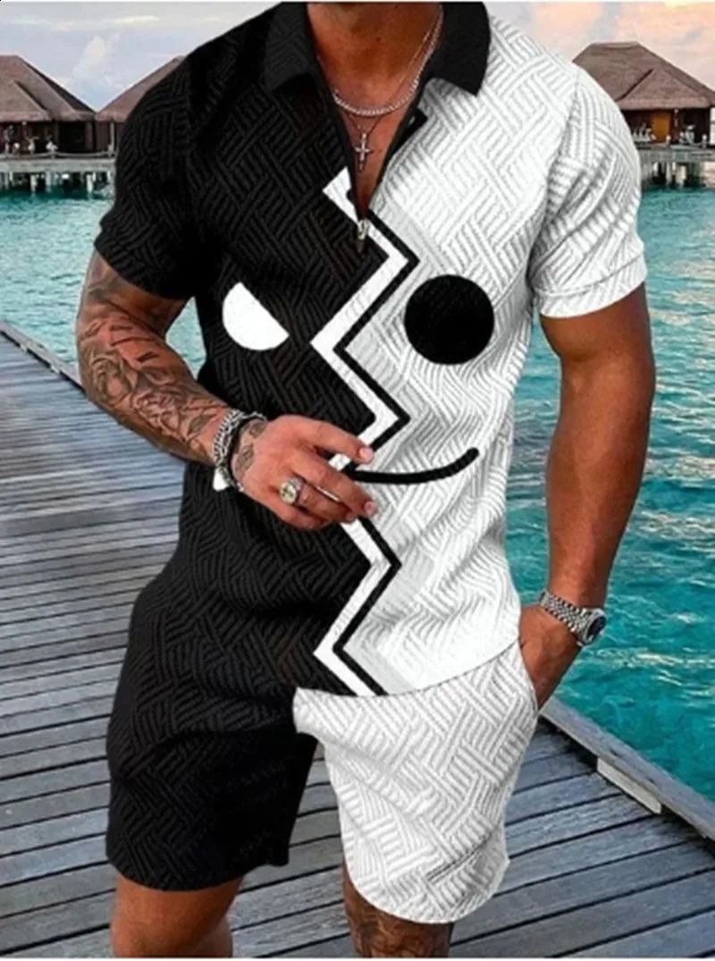 Summer Mens Tracksuit 3D Printing Short Sleeve Zipper Polo Shirt Shorts Set for Men Casual Streetwear 2piece Suit 250530