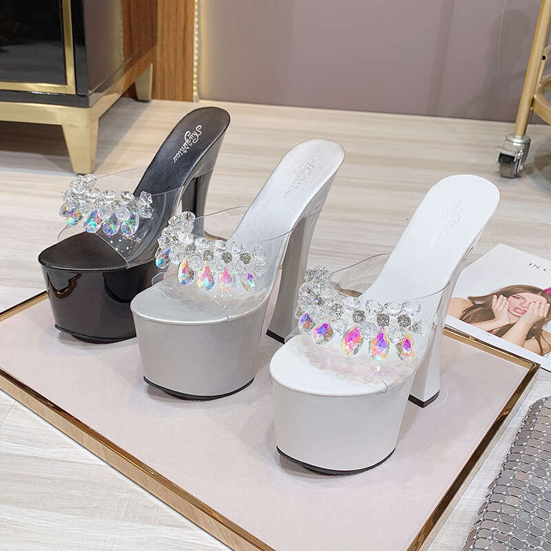 Super High Heels Super 17Cm Chunky Heel Summer Women's Waterproof Platform Transparent Pearl Sexy Fairy Slippers Outdoor High Heels Platform High