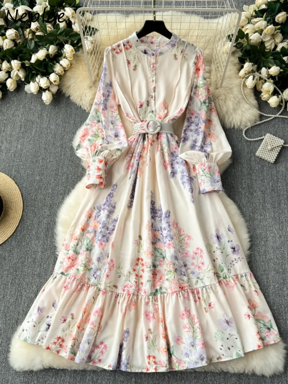 Neploe Elegant Lantern Collar Stand Collar Sweet Dress Print Belt Big Swing Patchwork Vestidos Slim Fit French Style Moda Robe 250530