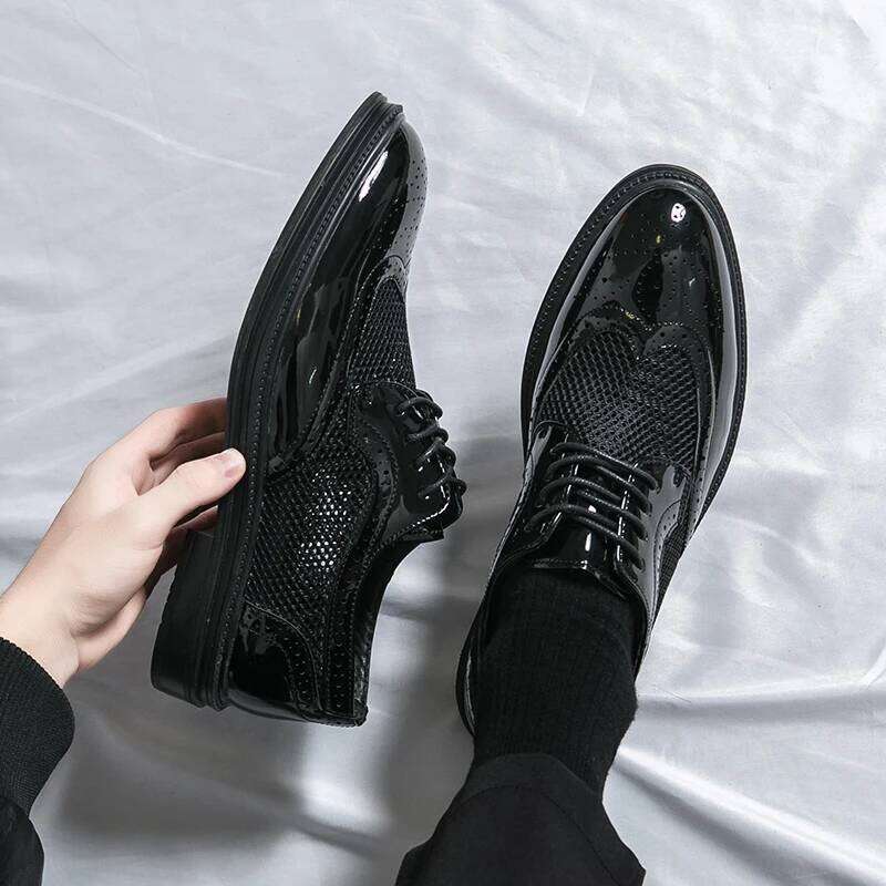 New Fashion Men Oxfords Genuine Patent Leather Formal Business Breathable Dress Shoes Hollow Mesh Out Flats