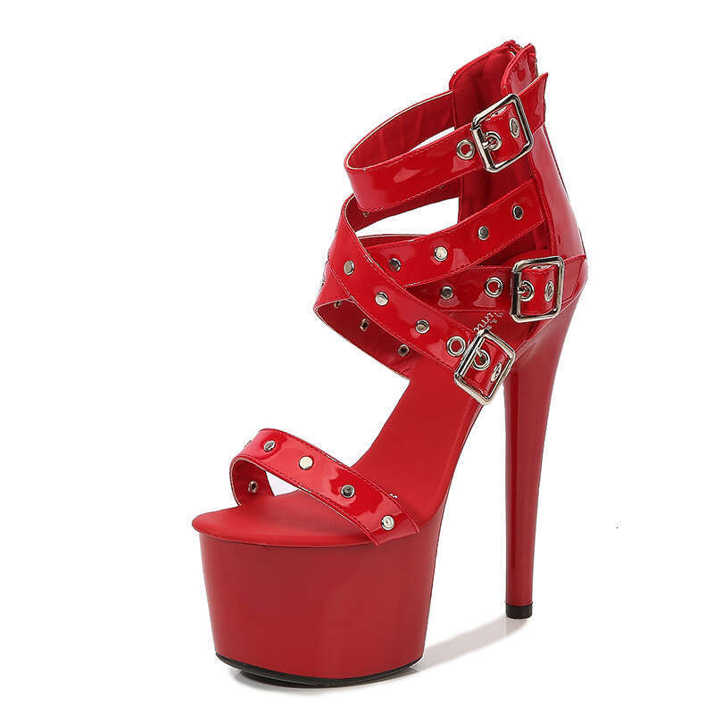 Super High Heels Studded Belt Cross Ring Back Strap Roman Sandals High 17Cm Thin Heel Summer Waterproof Platform Platform High Heels