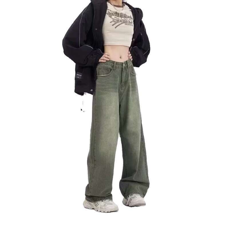 American Style Green Jeans For Women, Autumn Winter Vibe, Straight High Waist, Slimming, Loose Wide Leg, Floor-Length Pants, Trendy B5