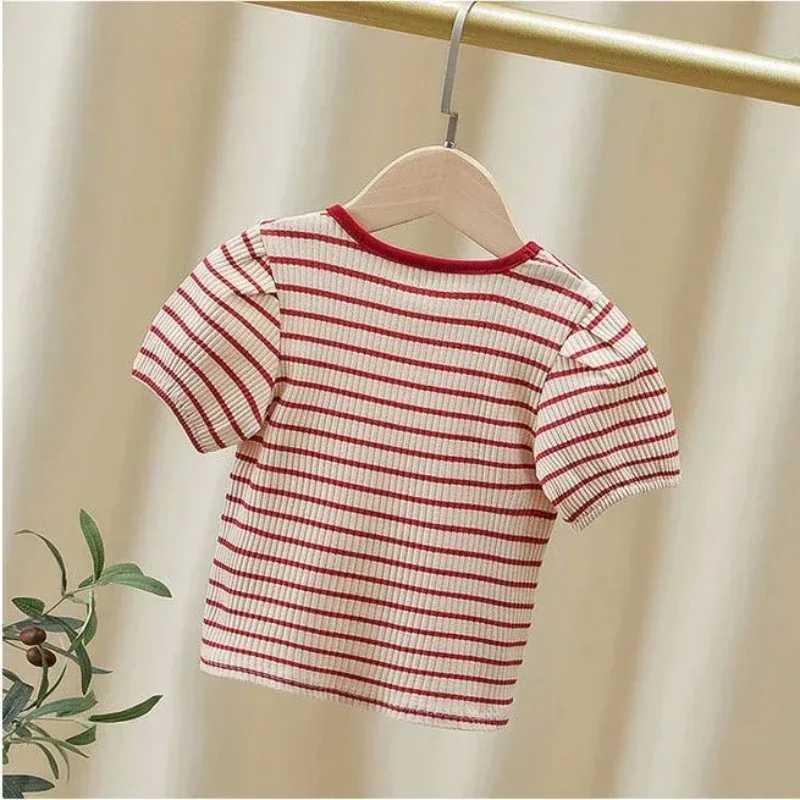 Baby Girls Short Sleeved T-Shirt 2024 Summer Kids Top Tees Toddler Striped Printed Shirts Childrens Clothes Korean Style T250603