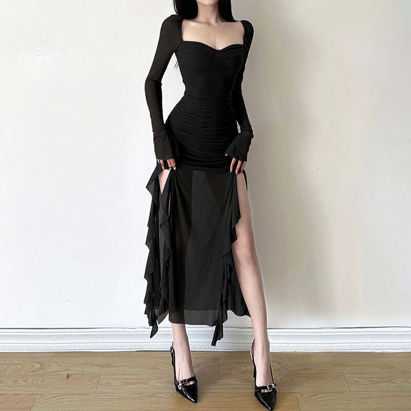 Autumn Winter New Women's Mesh Ruffle Niche Design Long Sleeve Square Neck Dress B5
