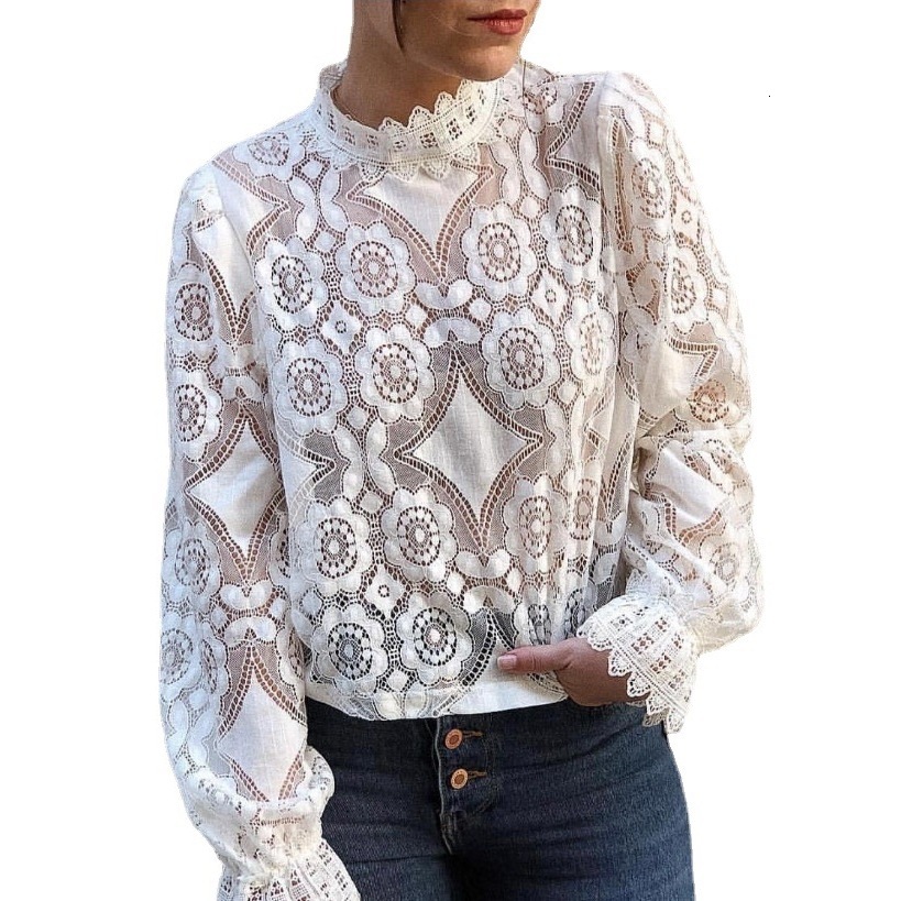 women's wear 2020 Women's Spring Summer New Sexy Sheer Long Sleeve Stand Collar Lace Top