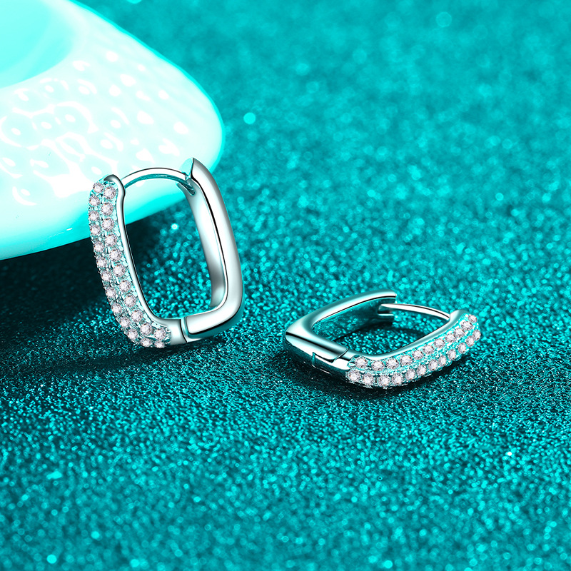 S925 sterling silver earrings with PT950 plating, featuring two rows of Moissanite stones, a sleek square hoop design for elegant, everyday wear.