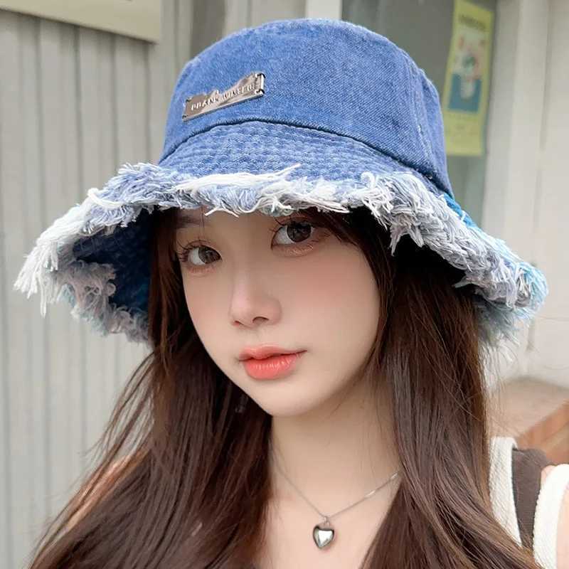 Unisex Tassel Distressed Denim Bucket Hats for Women Wide Brim Foldable Panama Cap Perfect for Outdoor Beach Fishermans Hat W250602