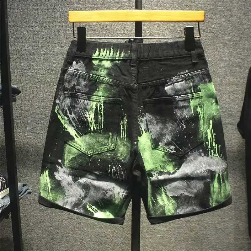 Mens Denim Shorts Graffiti Straight Loose Black Short Jeans Pants for Men Vintage Sale Stretchable With Zipper Blue Emo Summer XL T250603