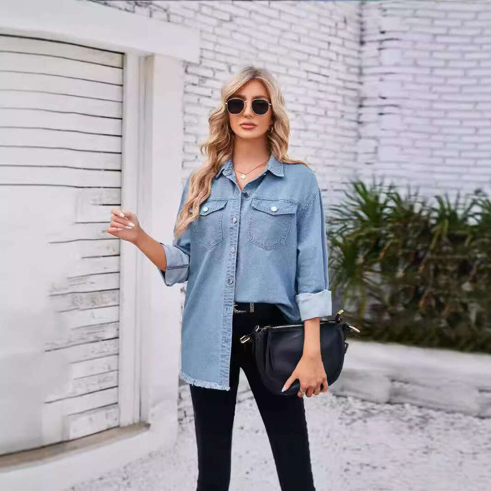 Washed Casual Solid Color Mid-Length Long Sleeve Pocket Denim Jacket For Women B5