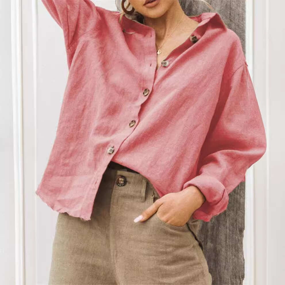 Autumn Winter Fashion Turn-Down Collar Long Sleeve Cotton Linen Loose Women's Shirt B5
