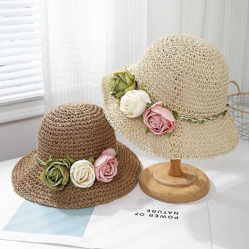 Womens Summer Hat Flower Straw Sun Hat Lady Breathable Sunshade Foldable Seaside Holiday Beach Accessories Korean Style New W250602