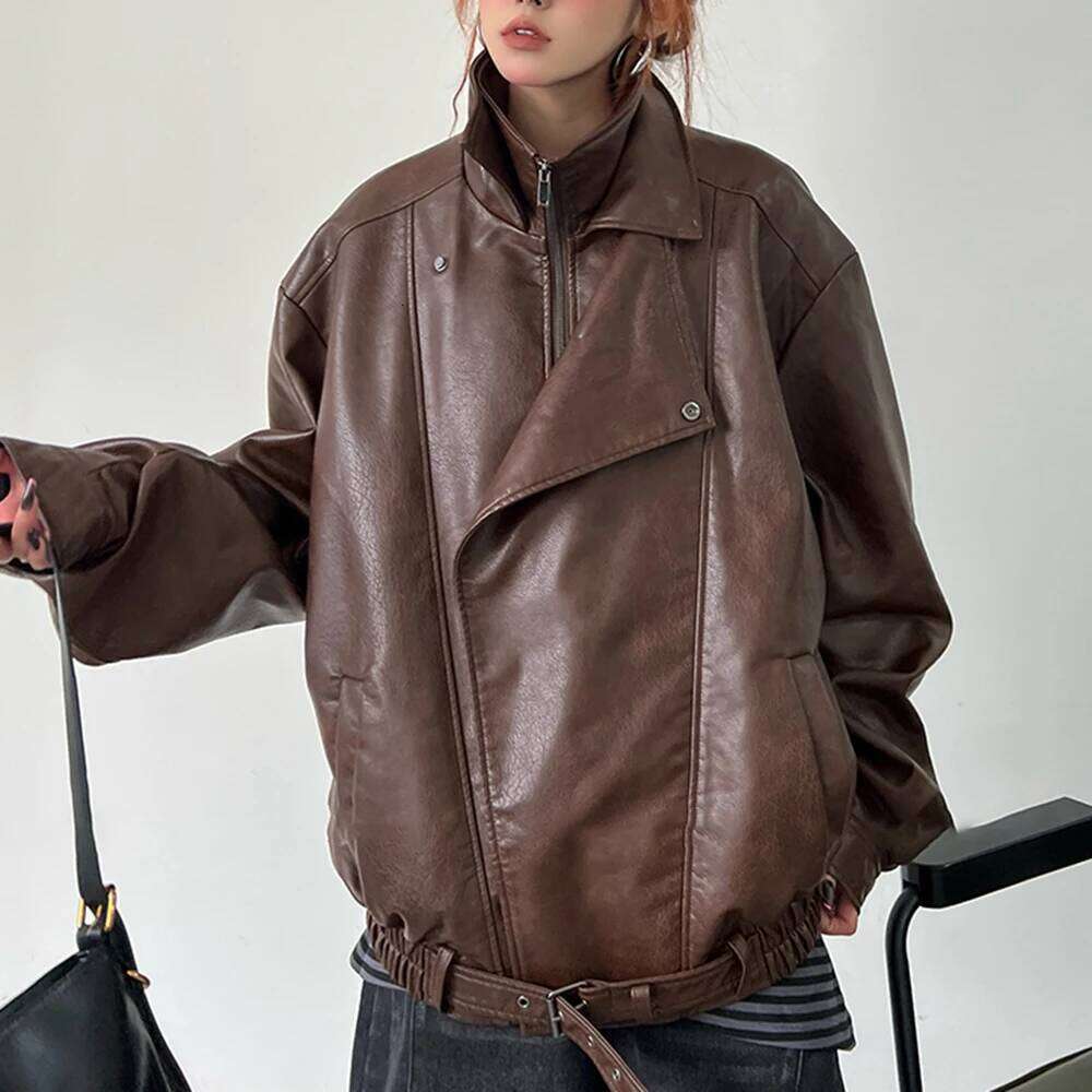 TWOTWINSTYLE Solid Spliced Zipper Loose Leather Jackets For Women Lapel Long Sleeve Patchwork Pockets Female Fashion Style New