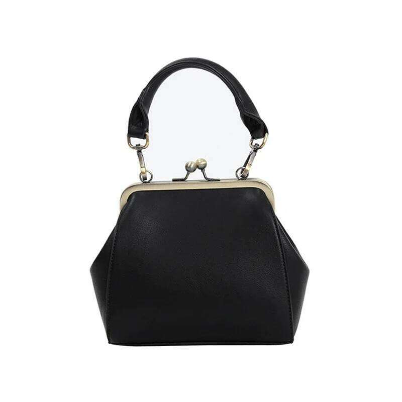 Vintage Women Handbag Kiss Lock PU Clip Female Retro Shoulder Bag Lady Purse Black Leather Messenger Bags