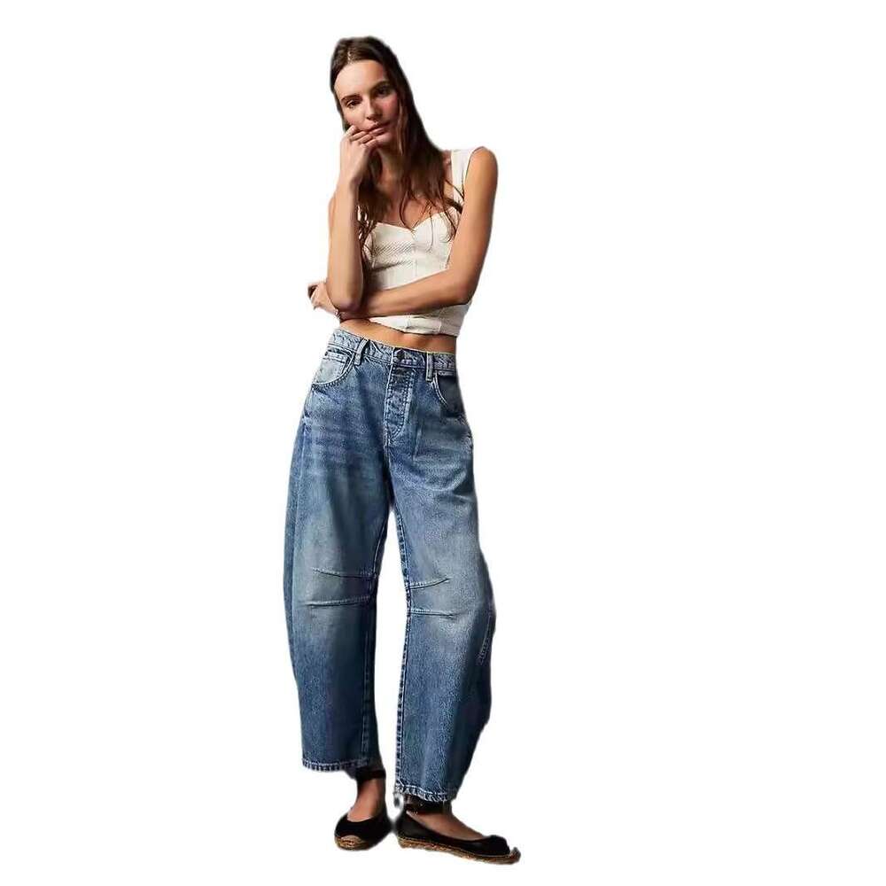 Loose Wide-Leg Mid-Low Waist Washed Denim Long Pants For Women B5