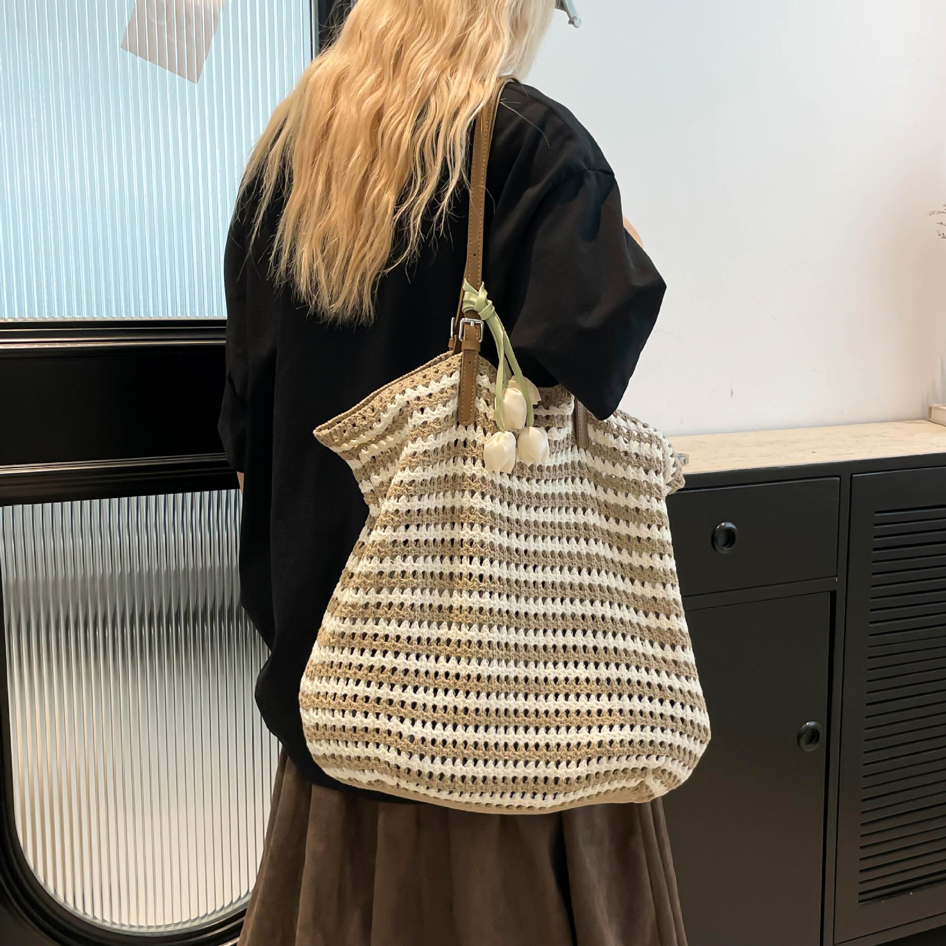 designer Bohemian Style Cotton Stripe Woven Large Bag for Women 2025 New Beach Vacation Large Capacity Underarm Tote Bag
