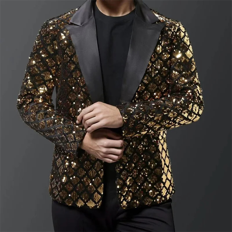 Mens Glitter Blazers Diamond Sequin Long Sleeve Lapel One Button Coat Bar Party Jacket 250603