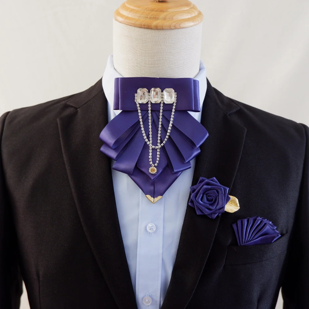 Original Fashion Tassel Rhinestone Bow Tie British Business Banquet Dress Collar Flowers Mens Wedding Bow-tie Brooch 3 Pcs Set 250530