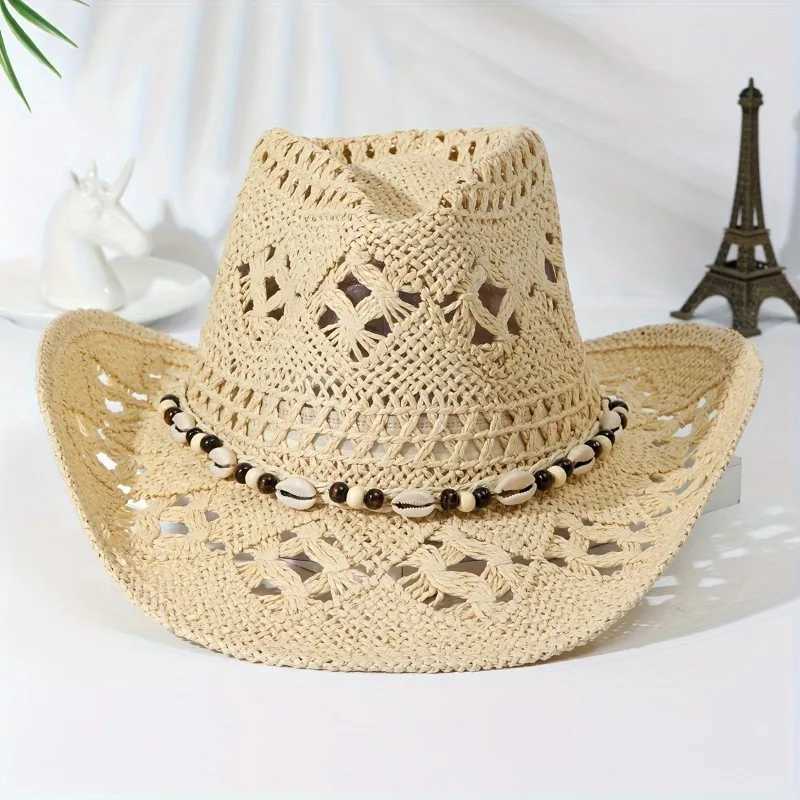Summer with Shell Beach Hat Women Western Cowboy Hat Wide Brim Sunscreen Sun Hats for Outdoor Breathable Hand-Woven Straw Panama W250602