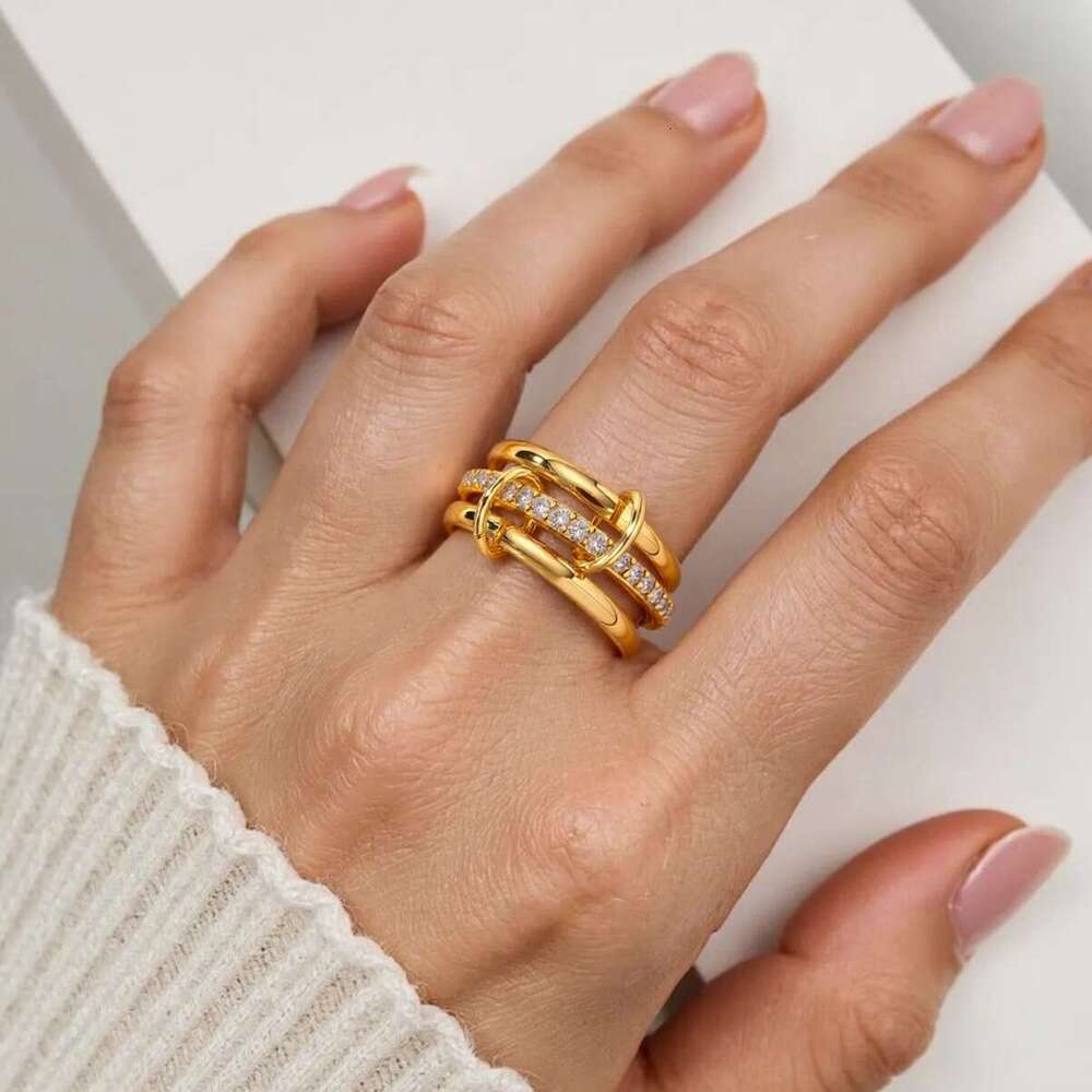 gold threering inlaid diamond zircon interlocking stacking rings highquality handpolished