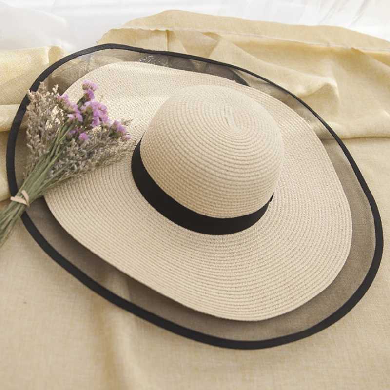 HT2504 Sun Hat Summer anti-UV Lady Wide Brim Hat Women Solid Plain Floppy Summer Straw Hats for Women Female Mesh Brim Beach Hat W250602